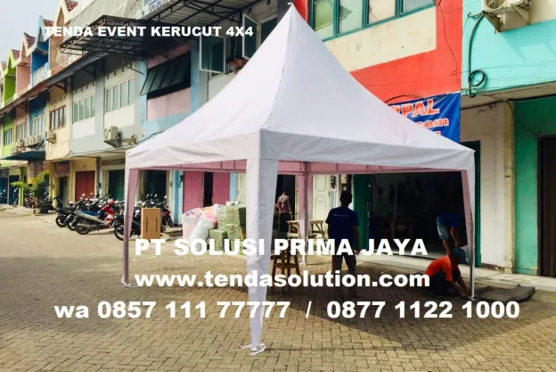 TENDA KERUCUT 4M X 4M RANGKA BESI DOUBLE DACK, BAHAN<br>TERPAULIN 410 GSM PUTIH kerucut_4x4