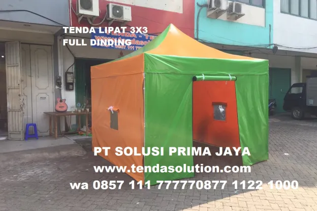 TENDA LIPAT 3X3 BAHAN TERPAULIN HIJAU KOMBINASI ORANGE tenda_lipat_3x3_kombinasi_warna